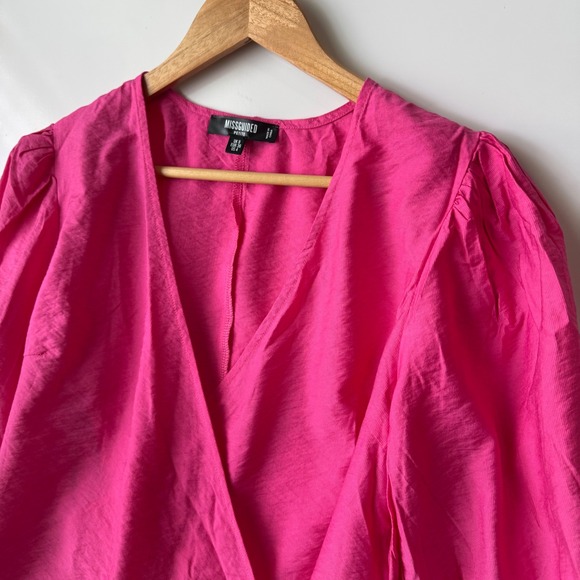 Missguided Petite Wrap‎ Blouse Puff Sleeve Tie Hot Pink US 4 - Picture 3 of 6